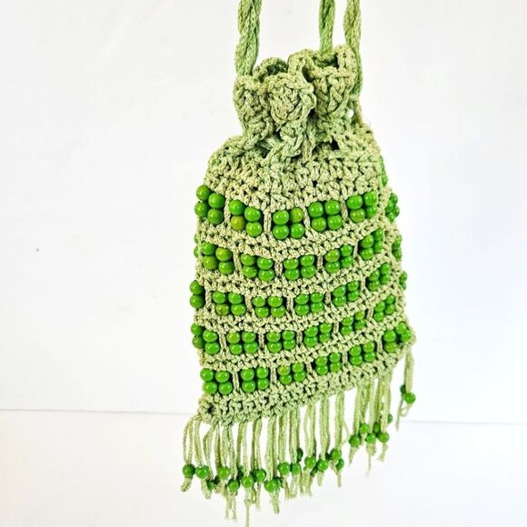 Vintage Walborg 1960's Green Wood Beaded Tasseled Crochet Cinch Top Bag Purse - Picture 2 of 9